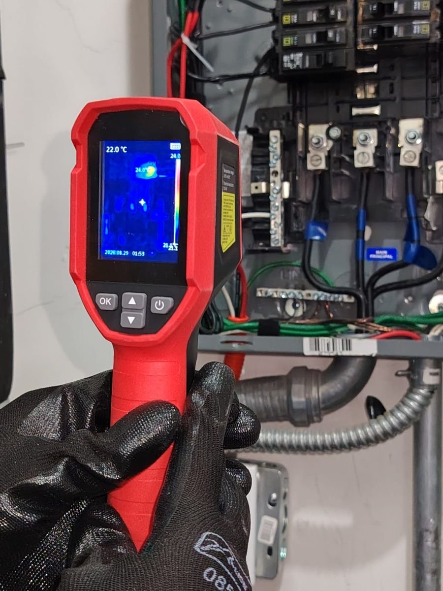 Técnico revisando un tablero eléctrico con cámara termográfica